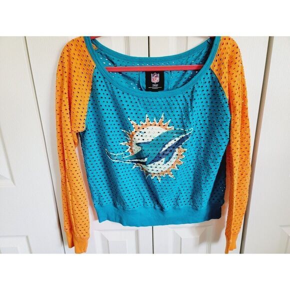 NFL Team Apparel Women's Miami Dolphins Teal Orange Long Sleeve Crop Top‎ Net - Picture 2 of 11